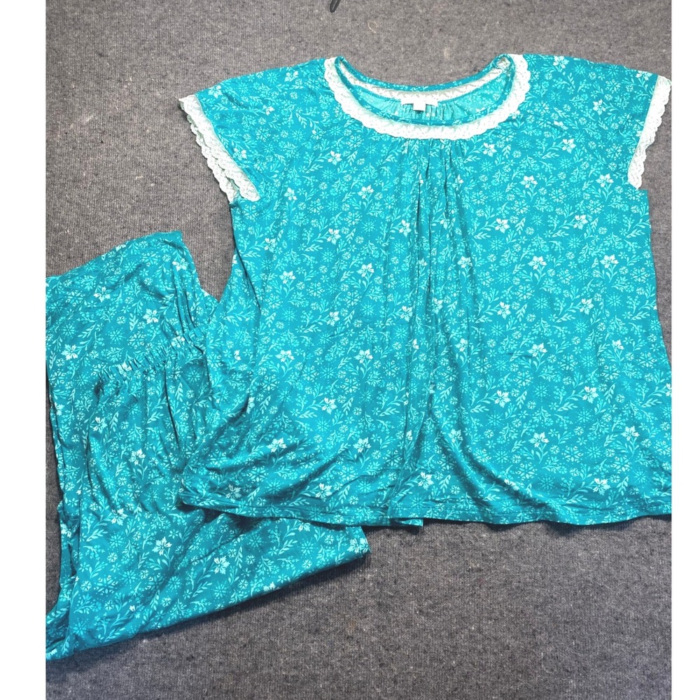 Dreams & Co Teal Floral Lace Trim Pajama Set Plus Size 3X 30/32 Short Sleeve PJ